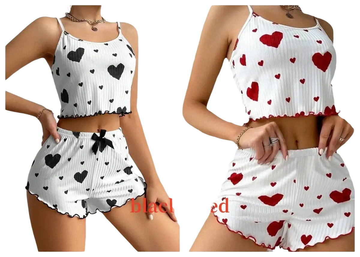 White ribbed women heart print pajama set with cropped tank top and ruffled shorts 8cm size bottoms length