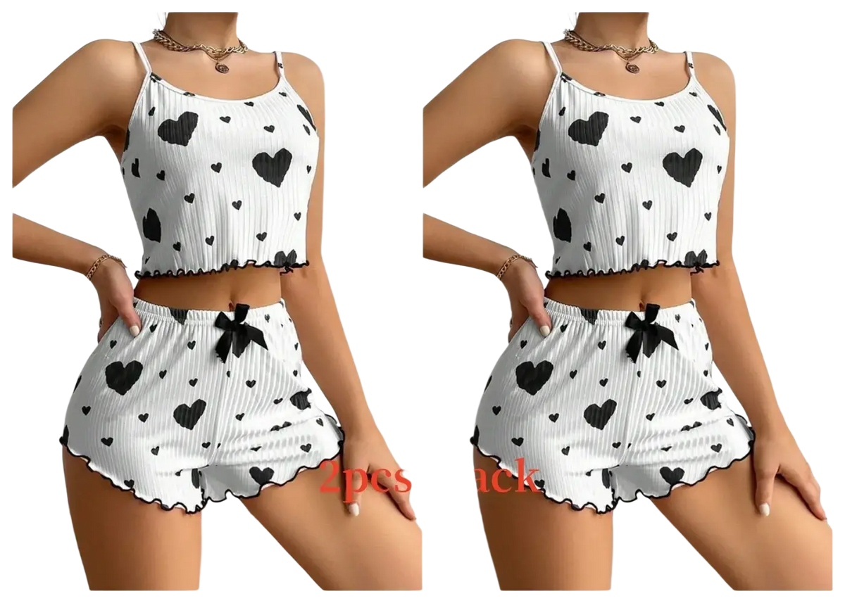 White ribbed heart-patterned two-piece pajama set for women with soft tank tops length and 8cm shorts bottoms length