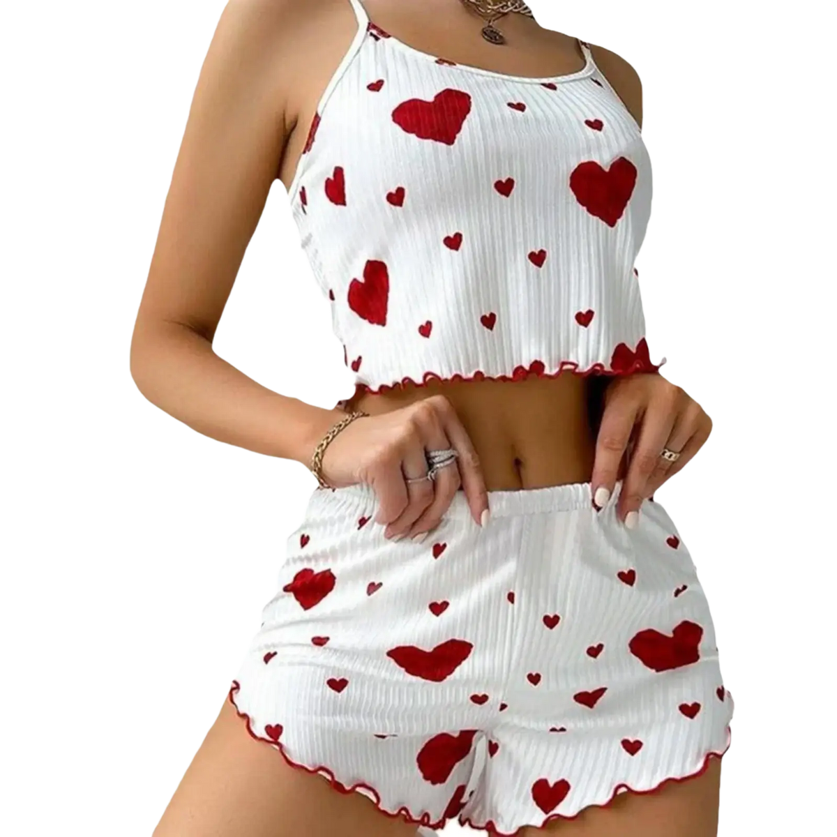 White ribbed heart-patterned crop top and matching shorts set with 8cm bottoms length for comfortable sleepwear