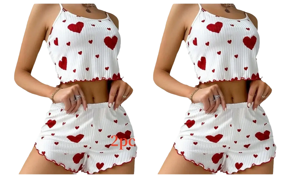 White women heart print pajama set soft tank with 8cm bottoms length and scalloped edges features red heart patterns