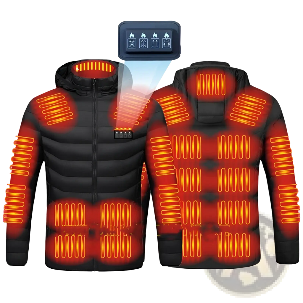 Women heated cotton puffer jacket in black with glowing orange heating elements and chest control panel