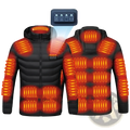 Women heated cotton puffer jacket in black with glowing orange heating elements and chest control panel