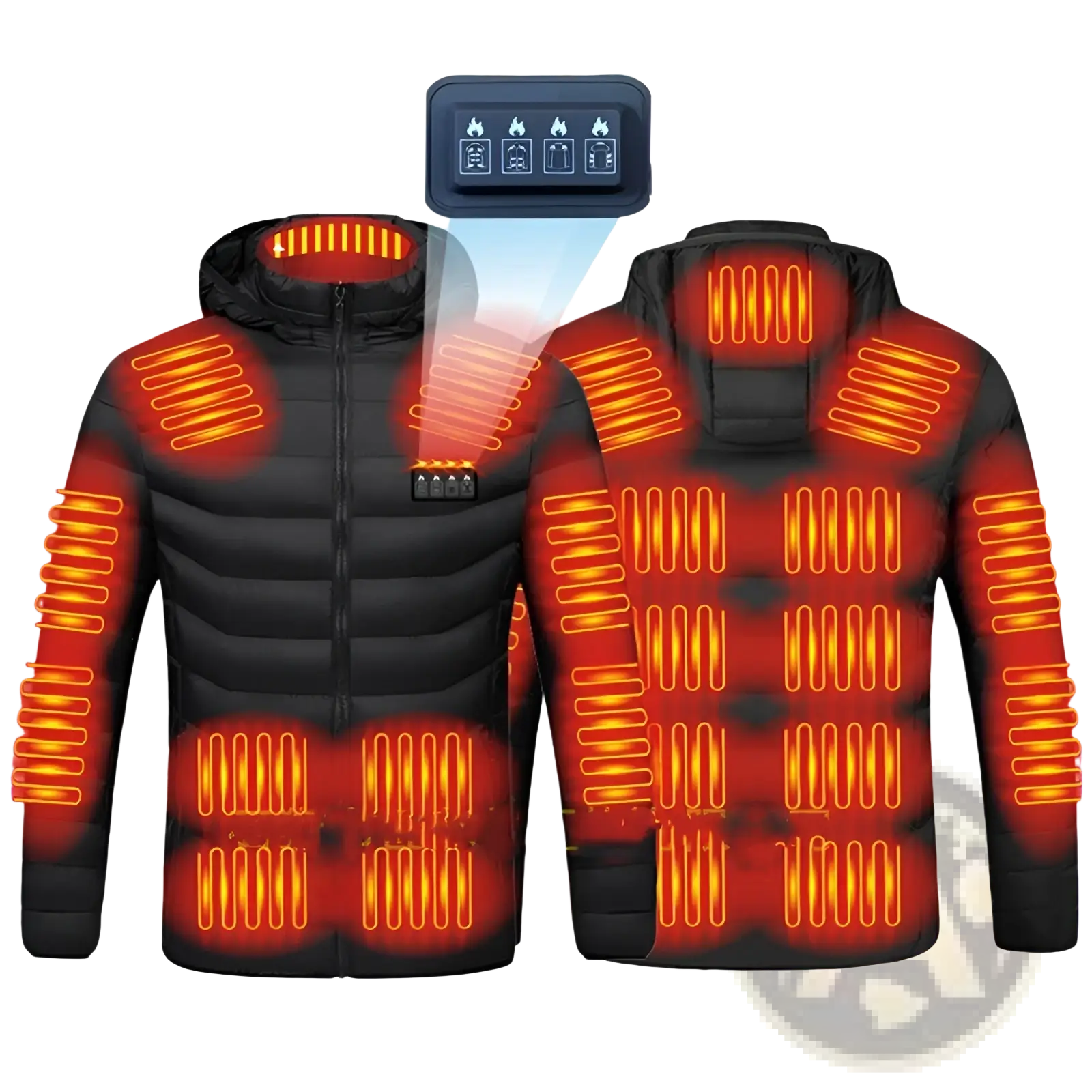 Women heated cotton puffer jacket in black with glowing orange heating elements and chest control panel