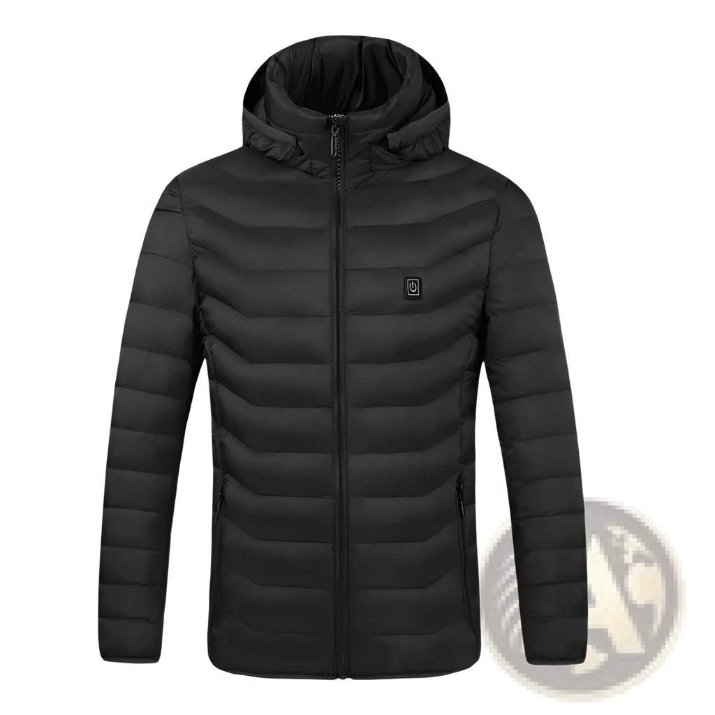 Black heated cotton puffer jacket for women with quilting, hood, and subtle power button emblem on the chest