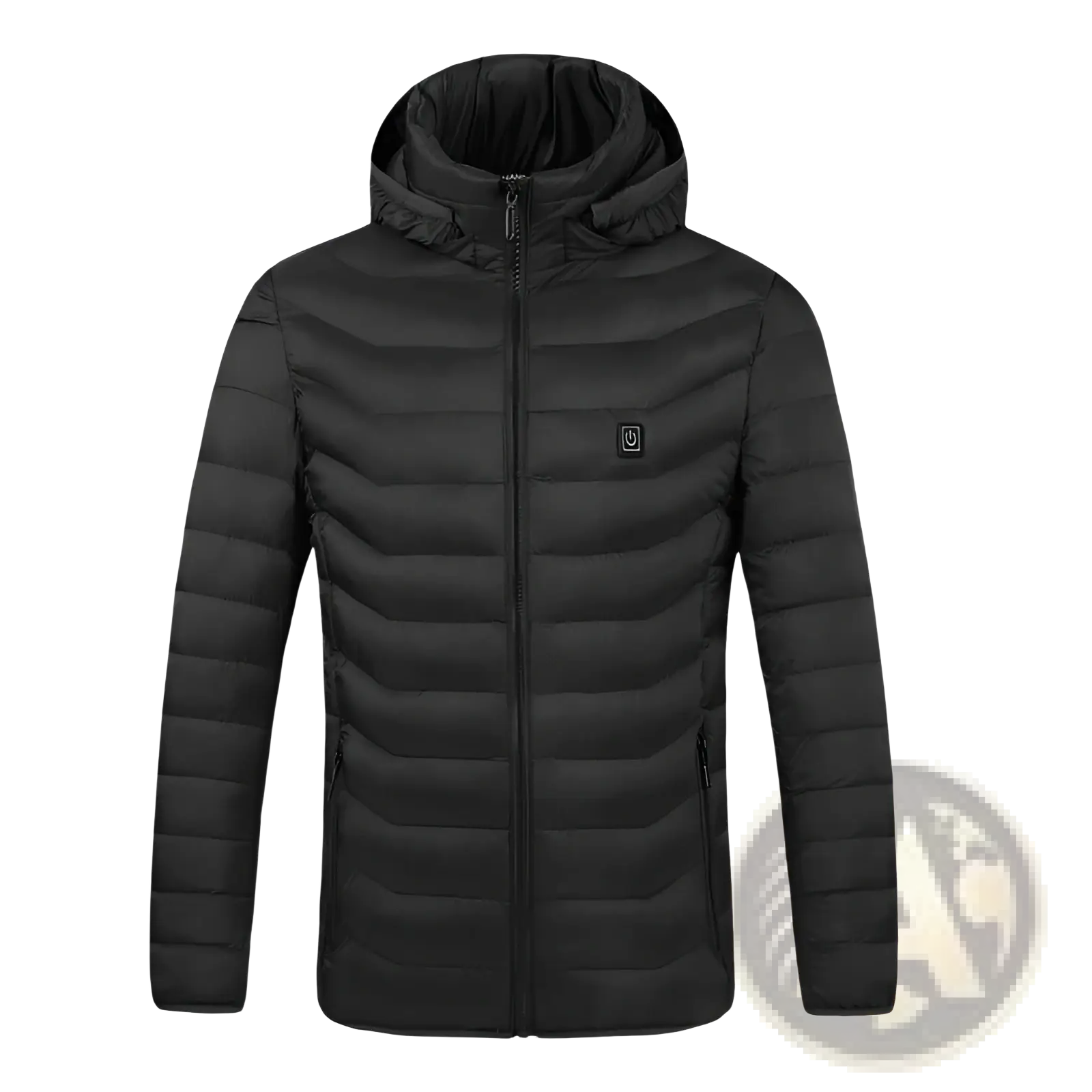 Black heated cotton puffer jacket for women with quilting, hood, and subtle power button emblem on the chest