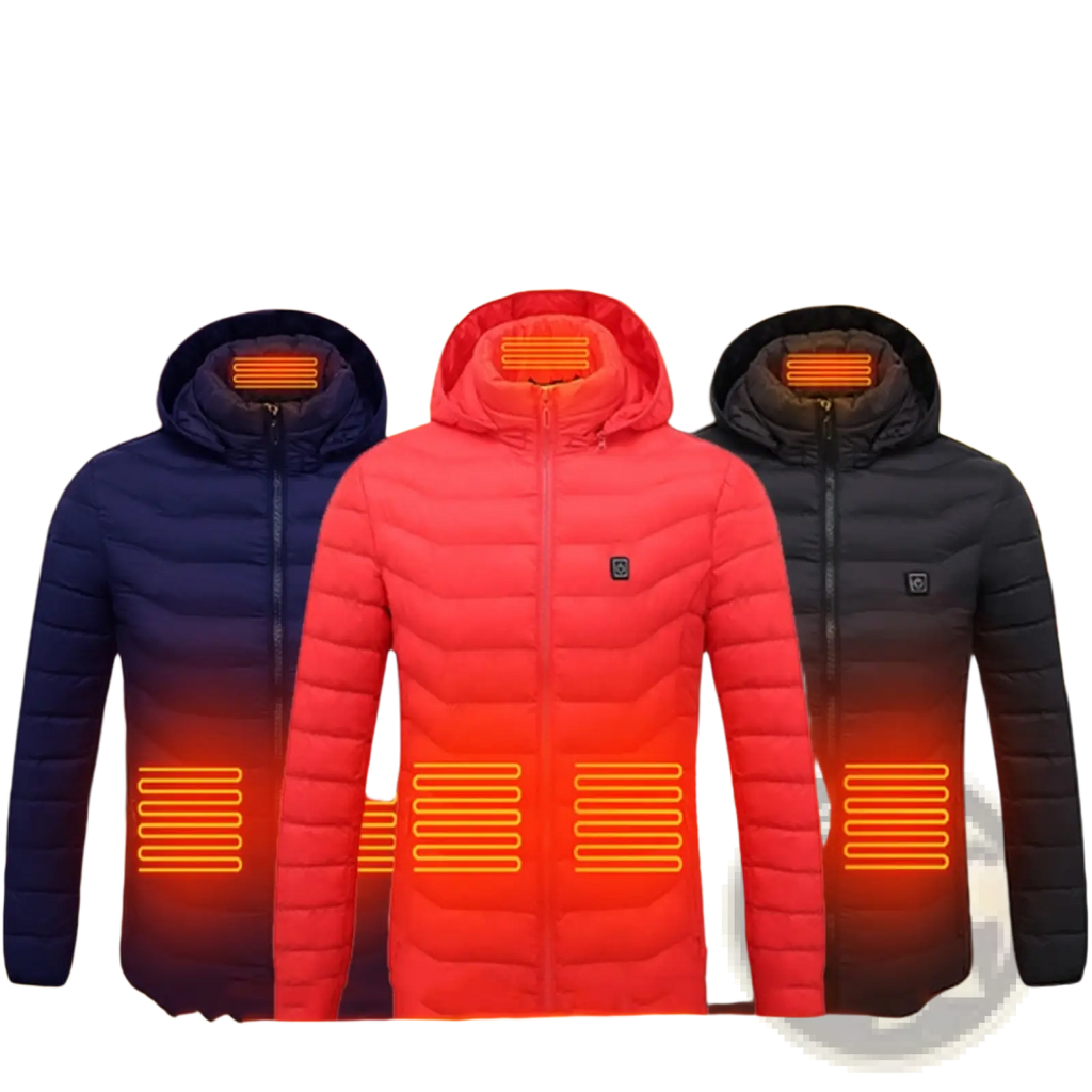 Women heated cotton puffer jackets in navy red and black with glowing heating elements on hood and torso