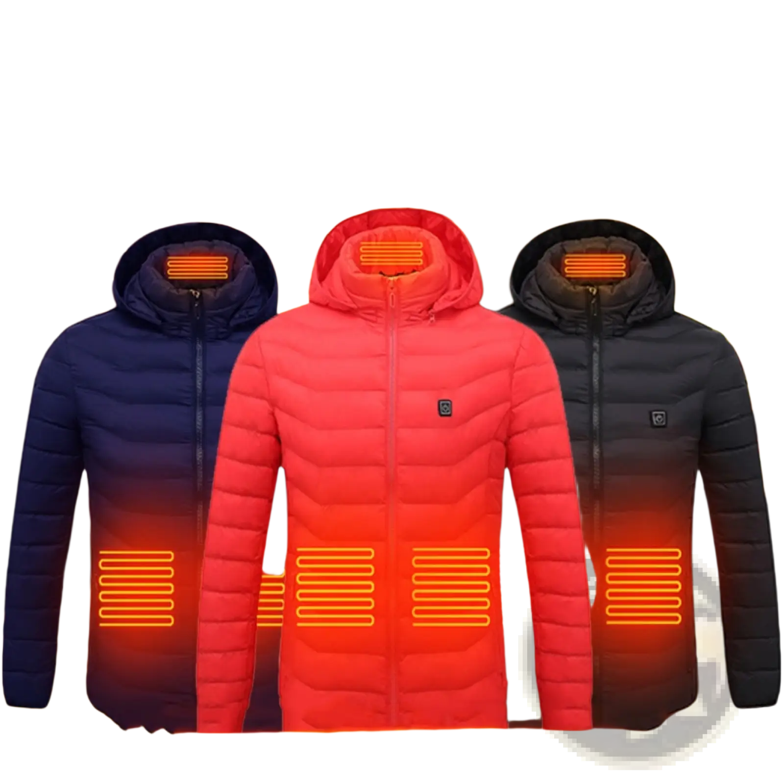 Women heated cotton puffer jackets in navy red and black with glowing heating elements on hood and torso