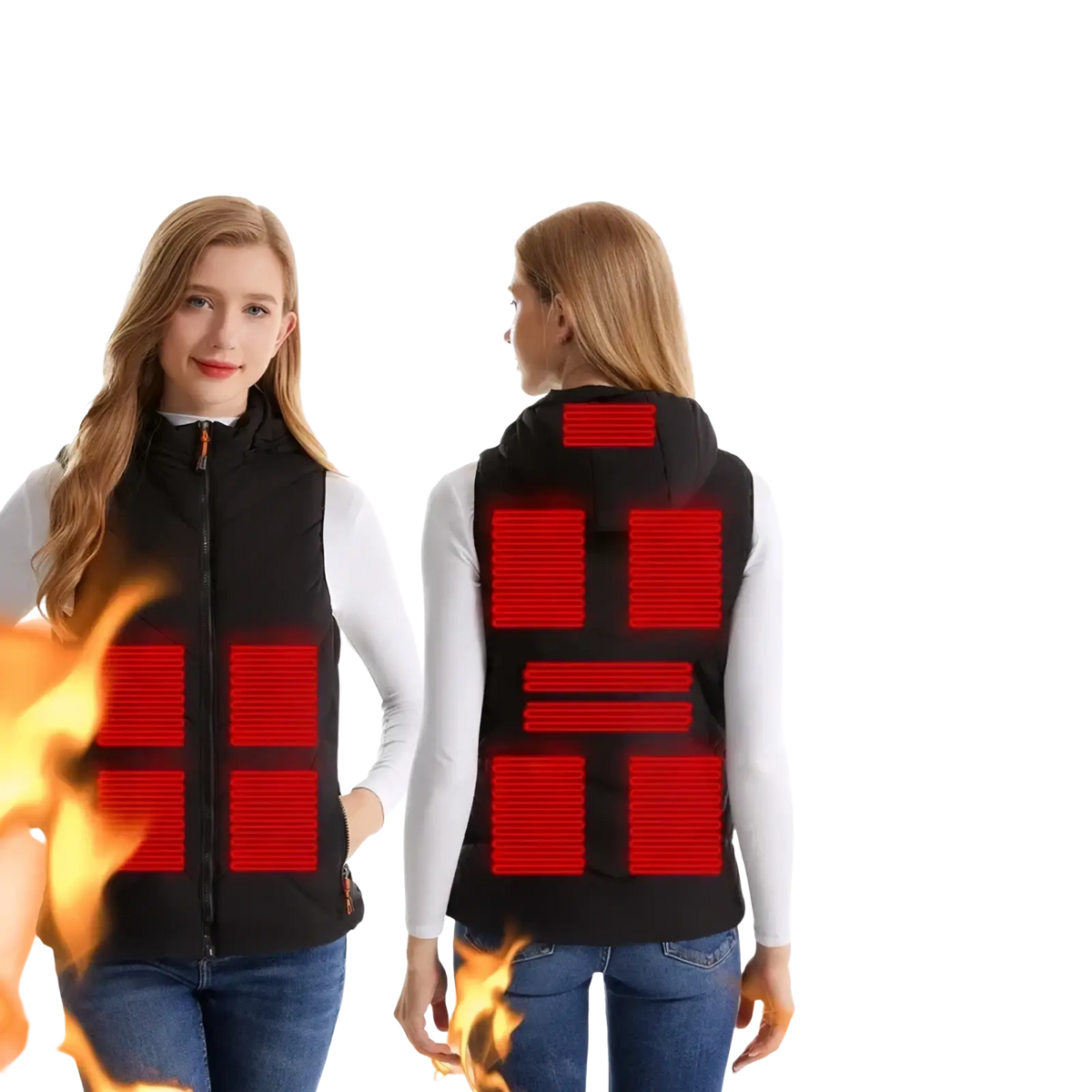 Women heated vest in black with 11 glowing red heating zones and front zipper closure for winter outerwear