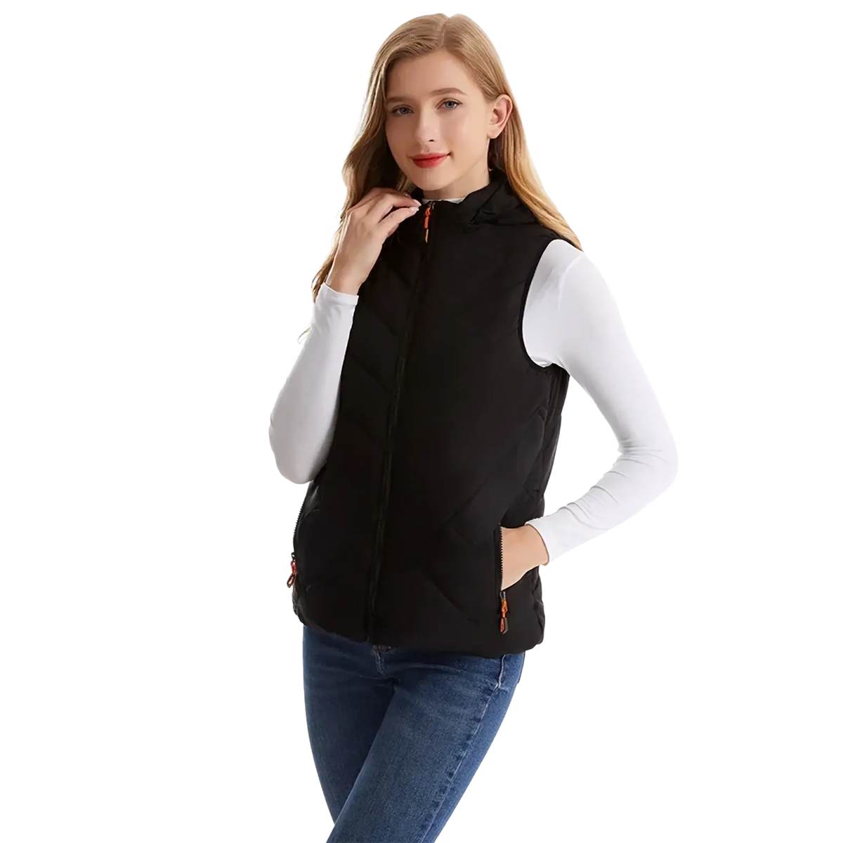 Black hooded women heated vest with orange zipper accents designed for winter outdoor use with 11 heating zones