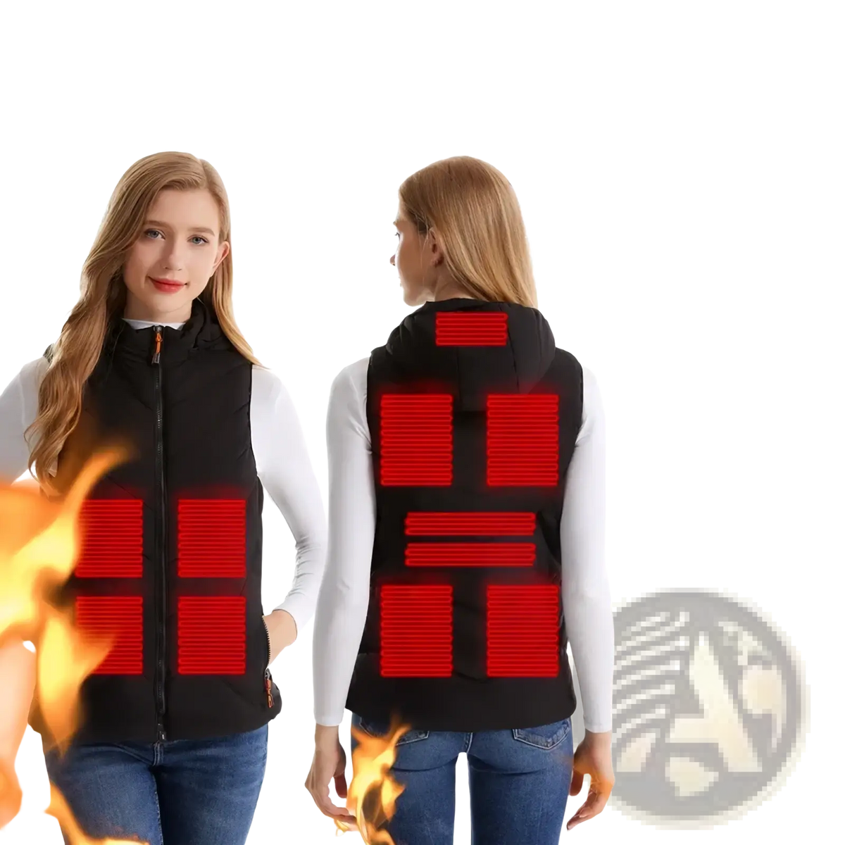 Women heated vest in black with 11 glowing red heating zones and front zipper closure for winter outerwear