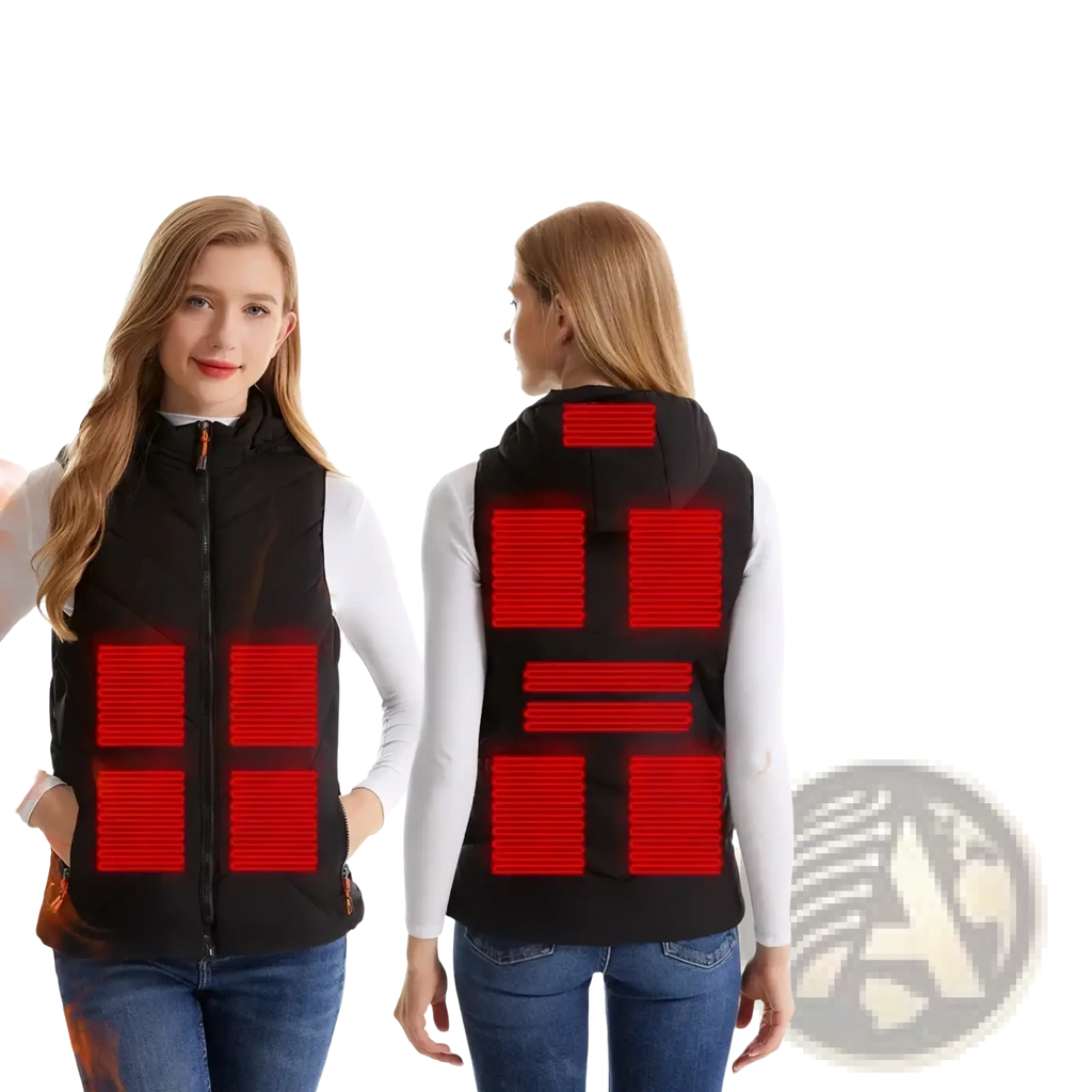Women heated vest in black with 11 glowing red heating zones and front zipper for winter outdoor use