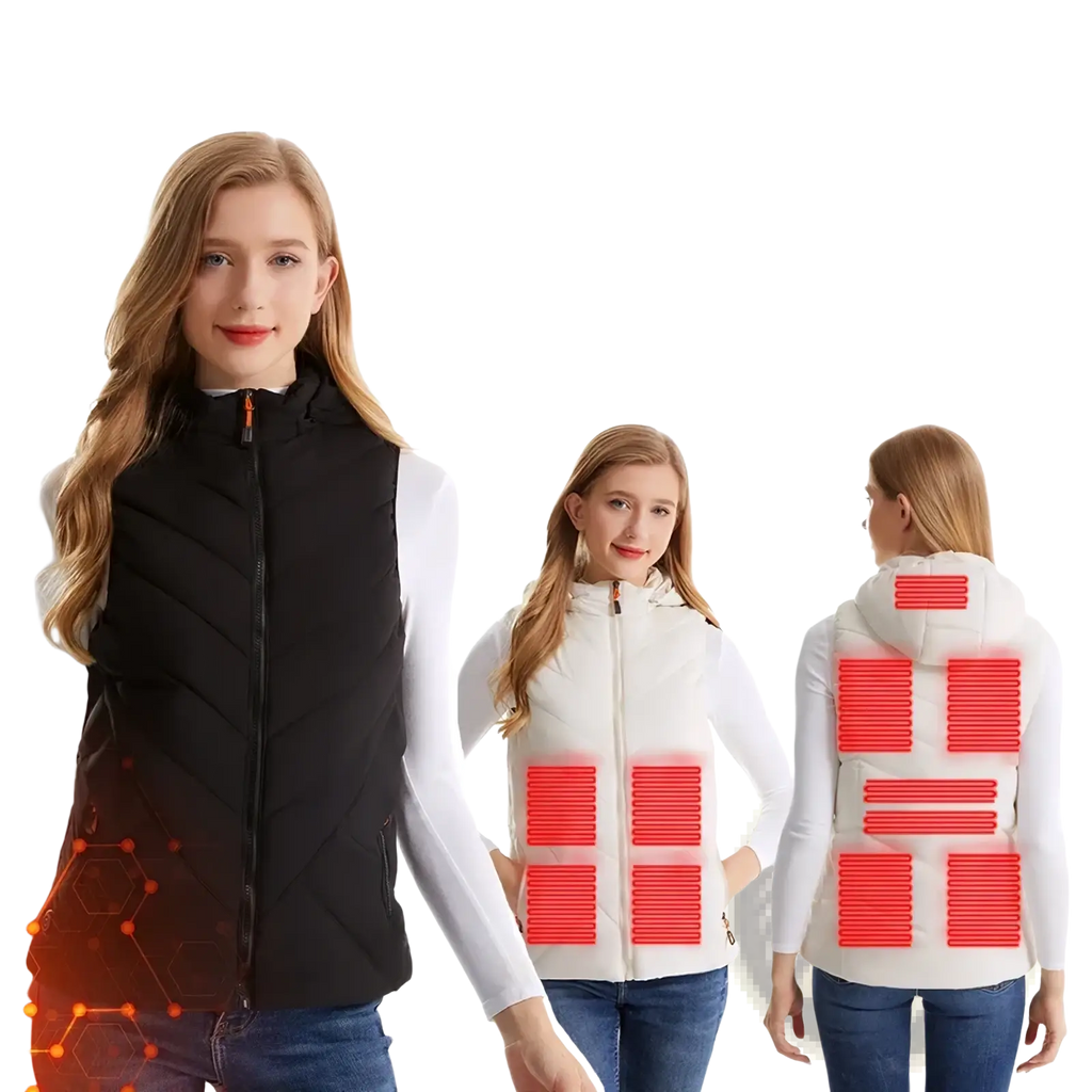 Black and white women heated vest with 11 heating zones designed for warmth in cold winter weather