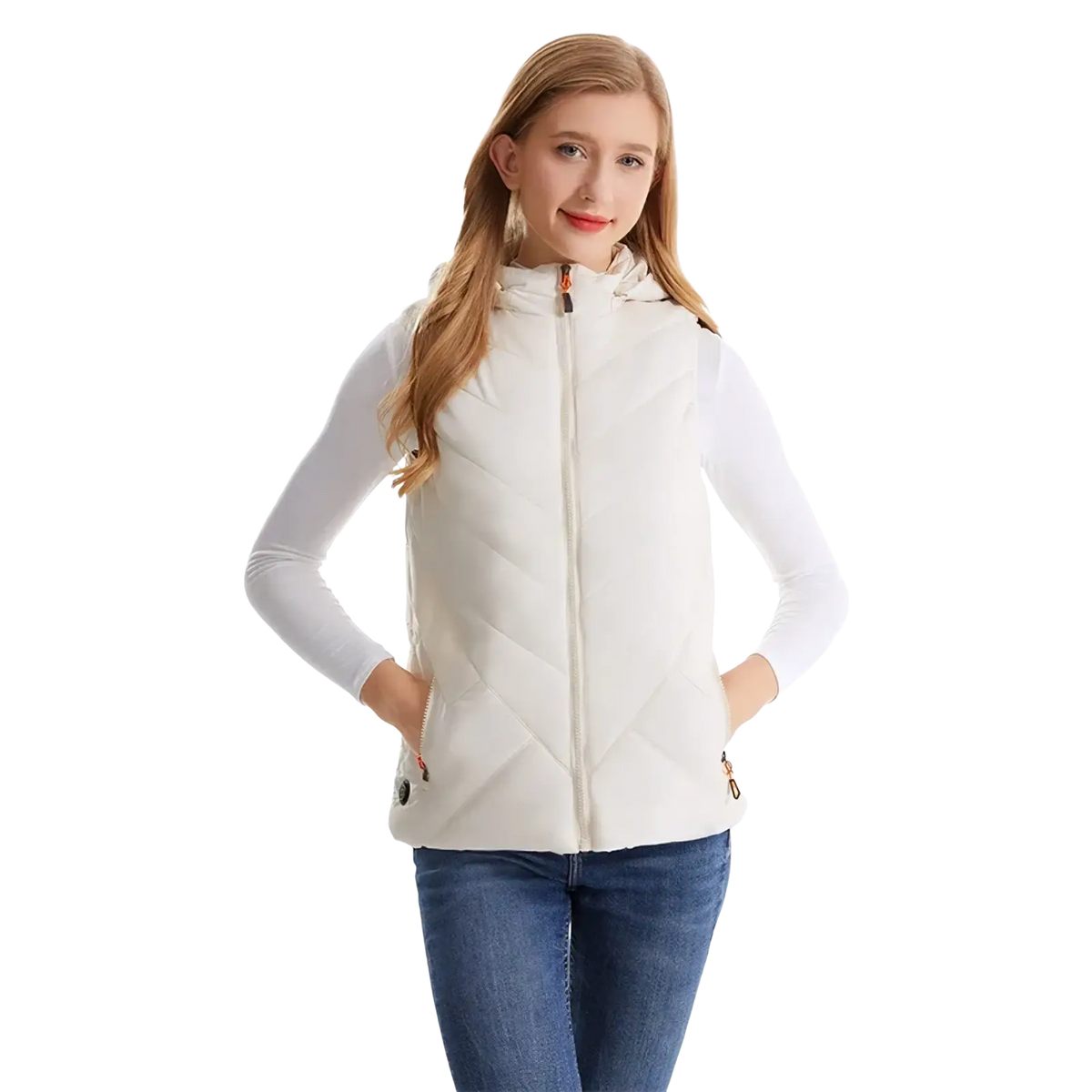 Cream-colored quilted puffer vest with hood and front zipper designed as women heated 11 zone winter outerwear