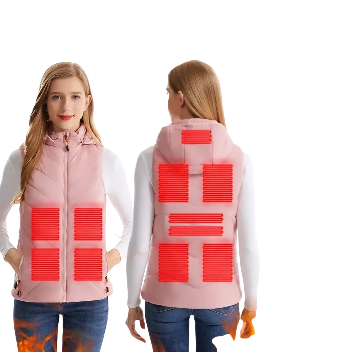 Women heated vest pink with 11 heating zones hood and front zipper designed for winter outerwear use
