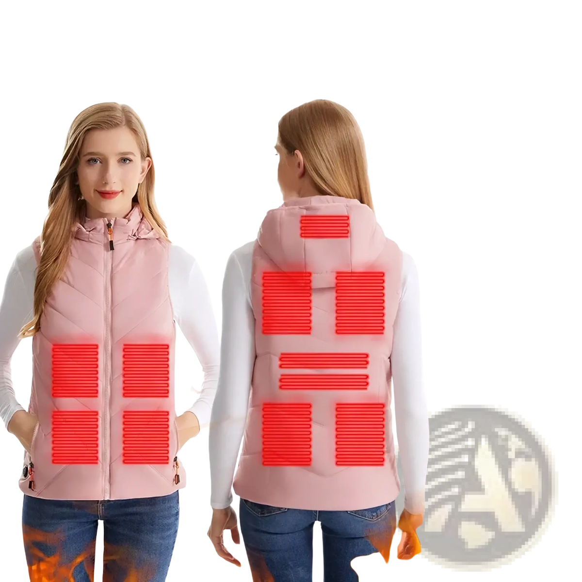 Women heated vest pink with 11 heating zones hood and front zipper designed for winter outerwear use