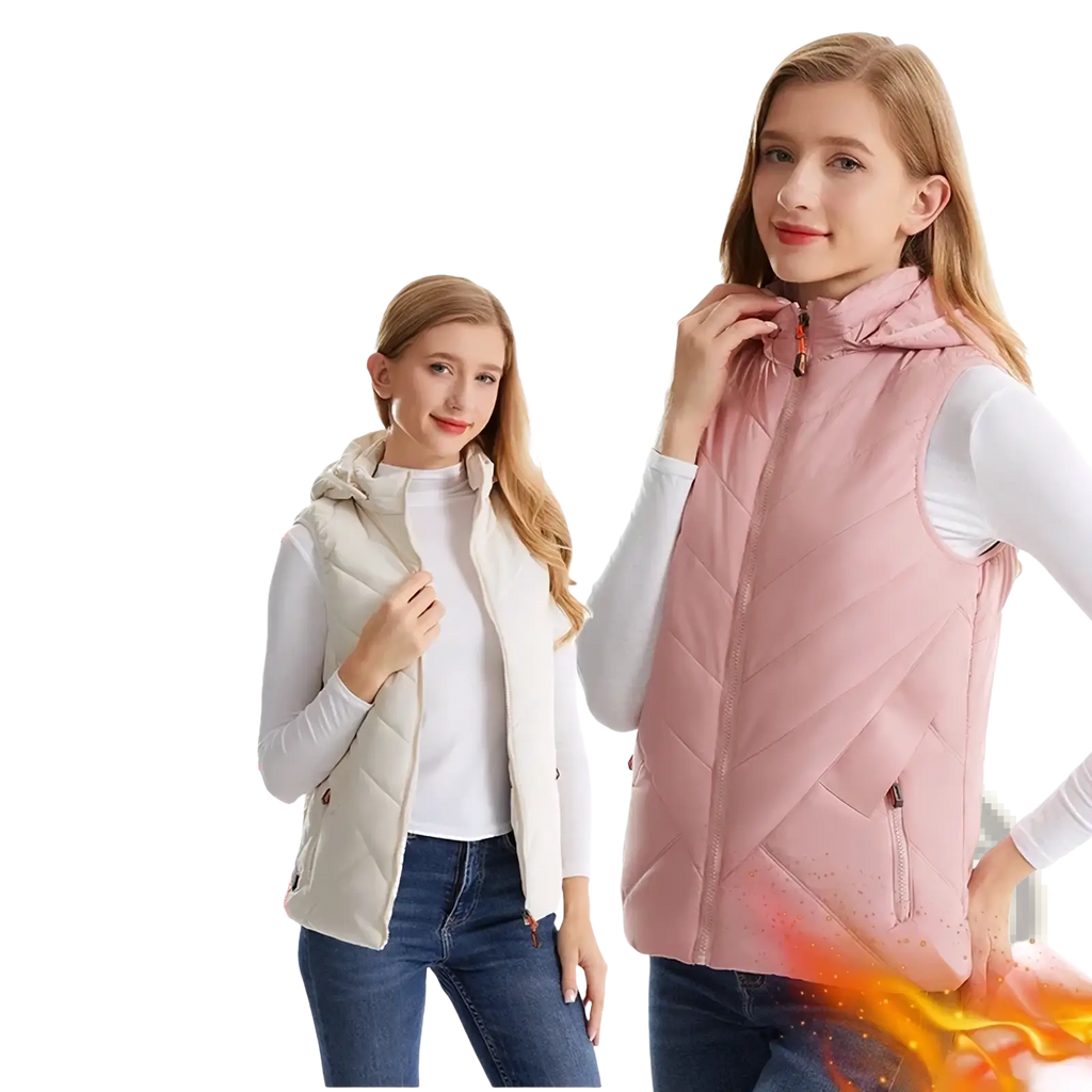 Pink quilted heating vest with 11 warming zones and hood designed as women heated winter outerwear