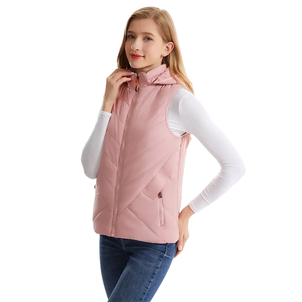 A soft pink quilted women heated vest with hood front zipper and subtle diagonal stitching for winter outerwear