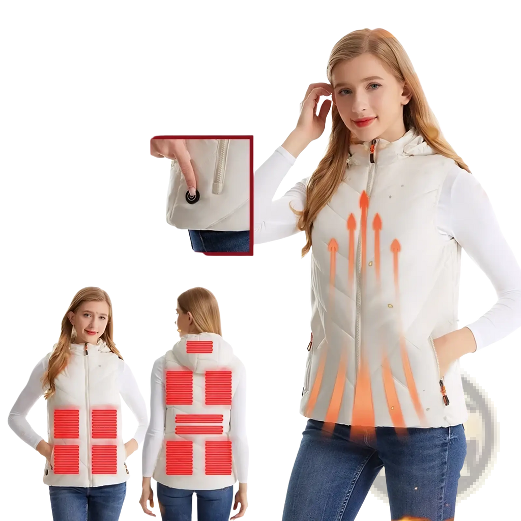 White quilted women heated vest featuring 11 heating zones with red panels for winter outerwear use