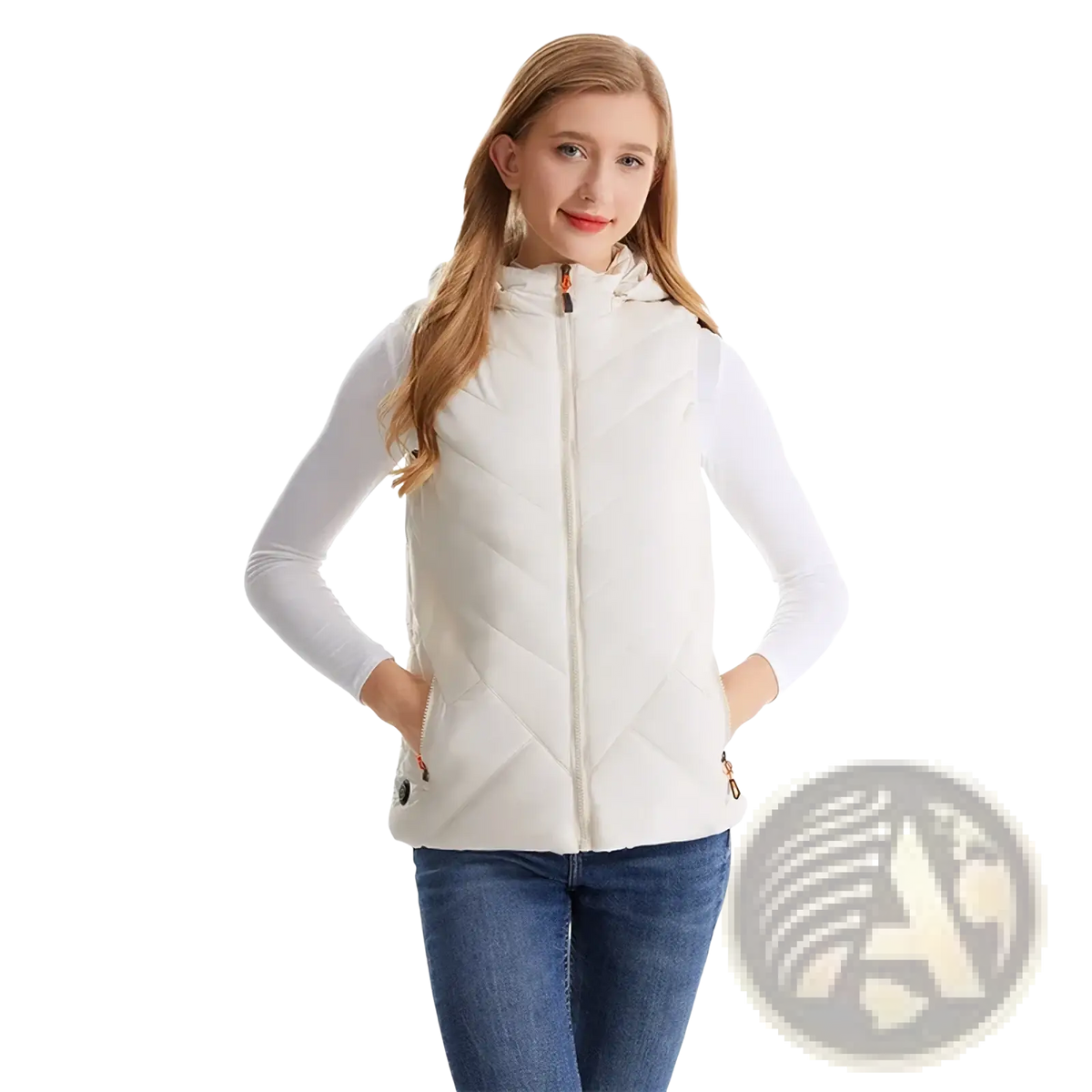 Cream-colored quilted puffer vest with hood and front zipper designed as women heated 11 zone winter outerwear