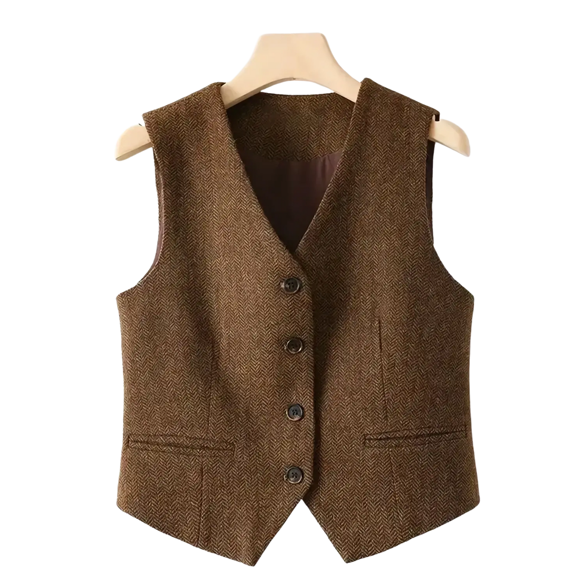 Women herringbone wool vest tailored slim fit in brown with dark brown buttons and matching satin-lined interior