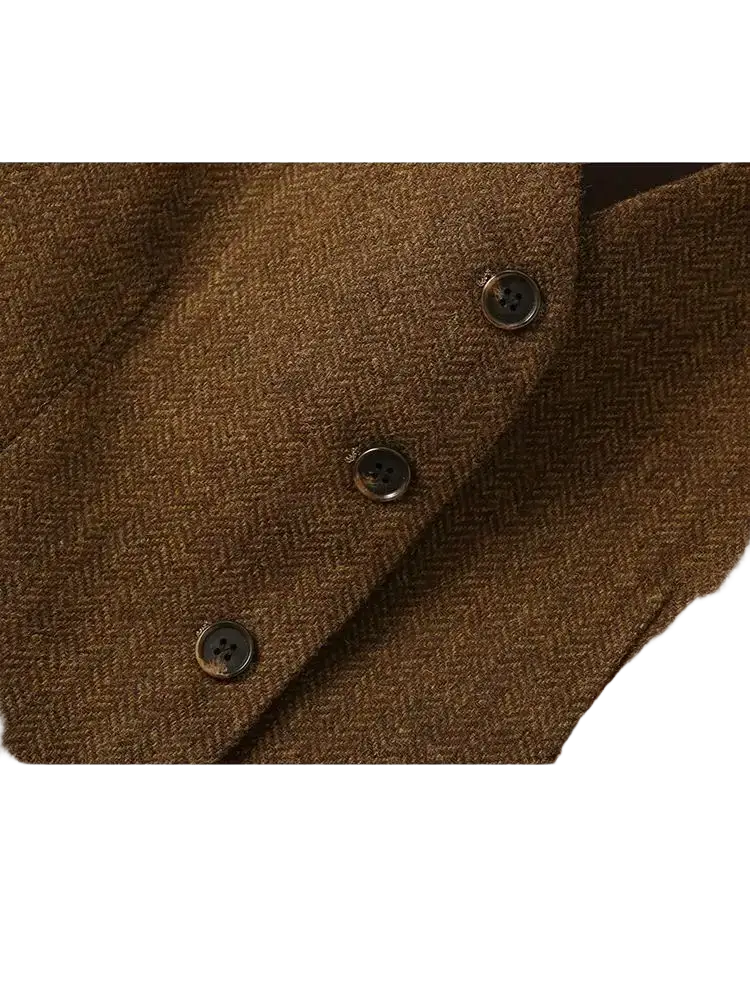 Brown herringbone wool vest tailored slim fit with dark bronze buttons for women in a slim fit design