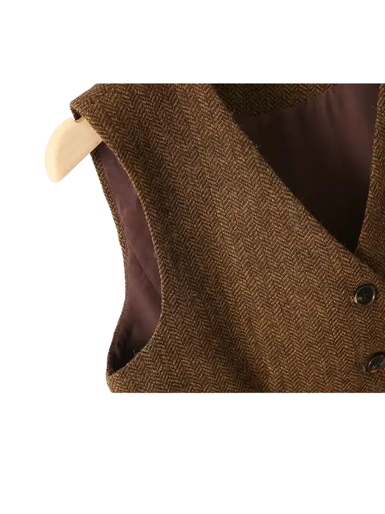 Women herringbone wool vest tailored slim fit in brown with dark brown satin lining and black buttons
