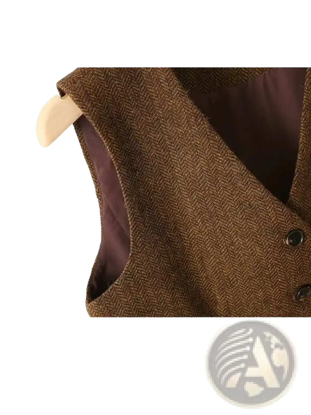 Women herringbone wool vest tailored slim fit in brown with dark brown satin lining and black buttons