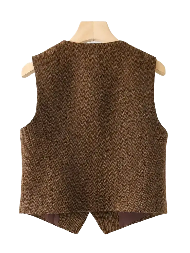 Brown herringbone wool vest with tailored slim fit and notched back shown from the rear side