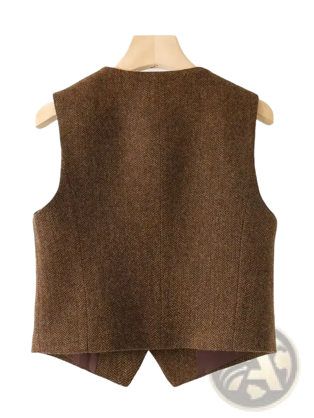 Brown herringbone wool vest with tailored slim fit and notched back shown from the rear side