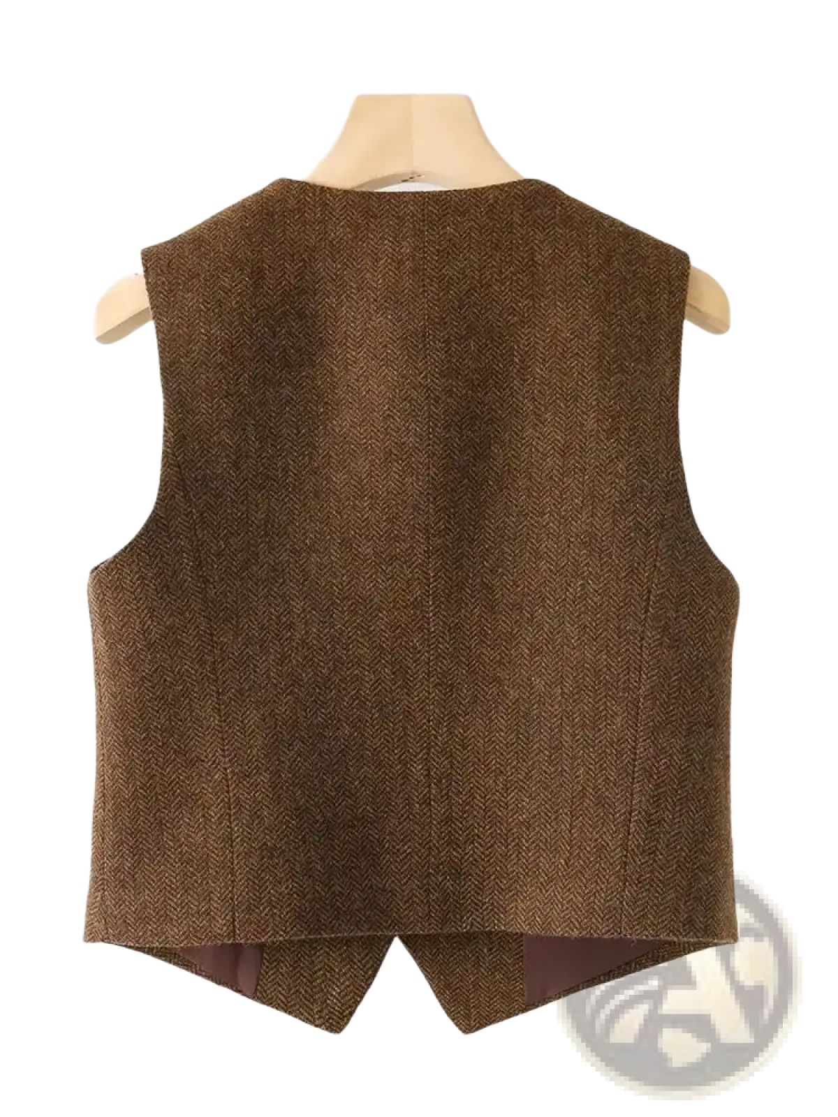 Brown herringbone wool vest with tailored slim fit and notched back shown from the rear side