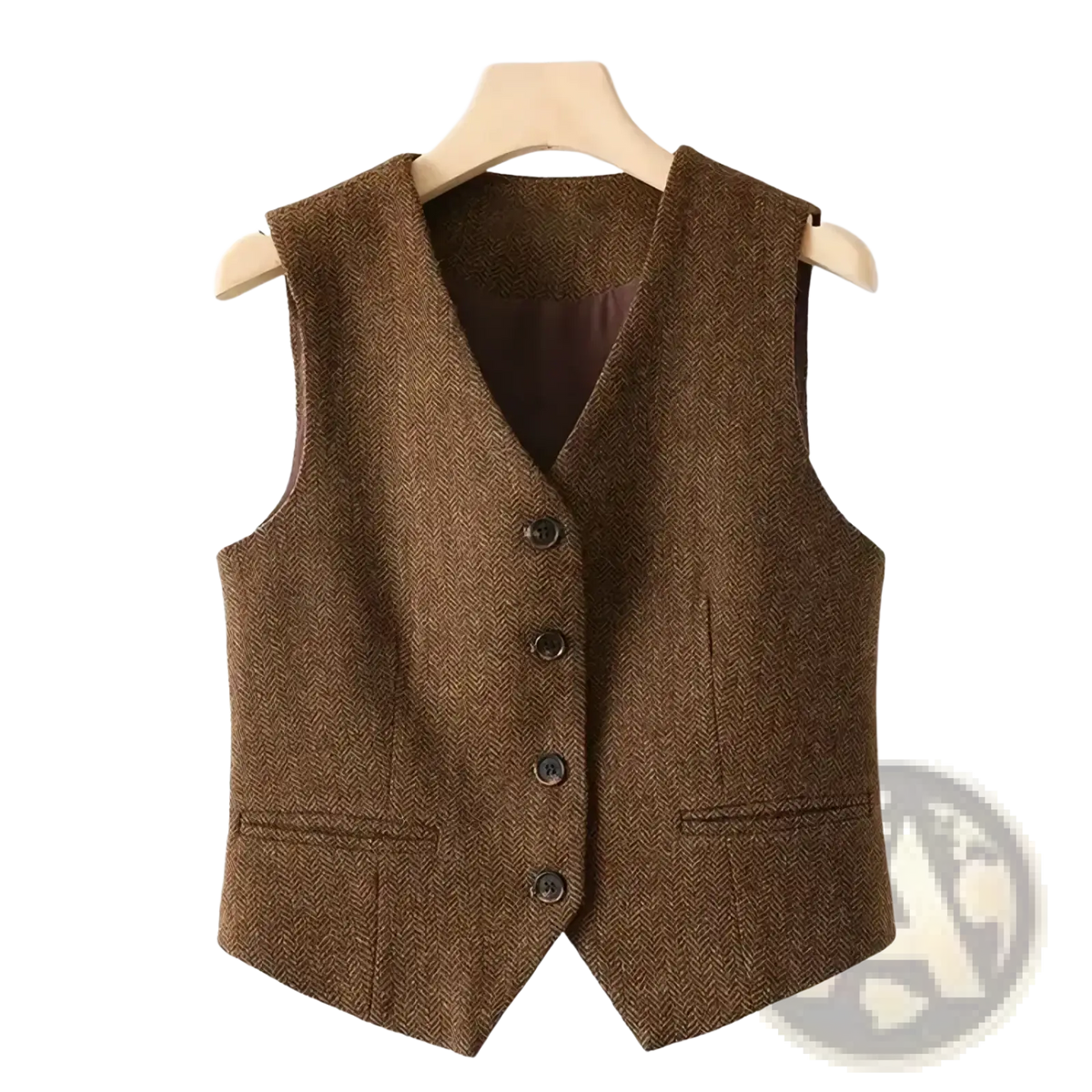 Women herringbone wool vest tailored slim fit in brown with dark brown buttons and matching satin-lined interior