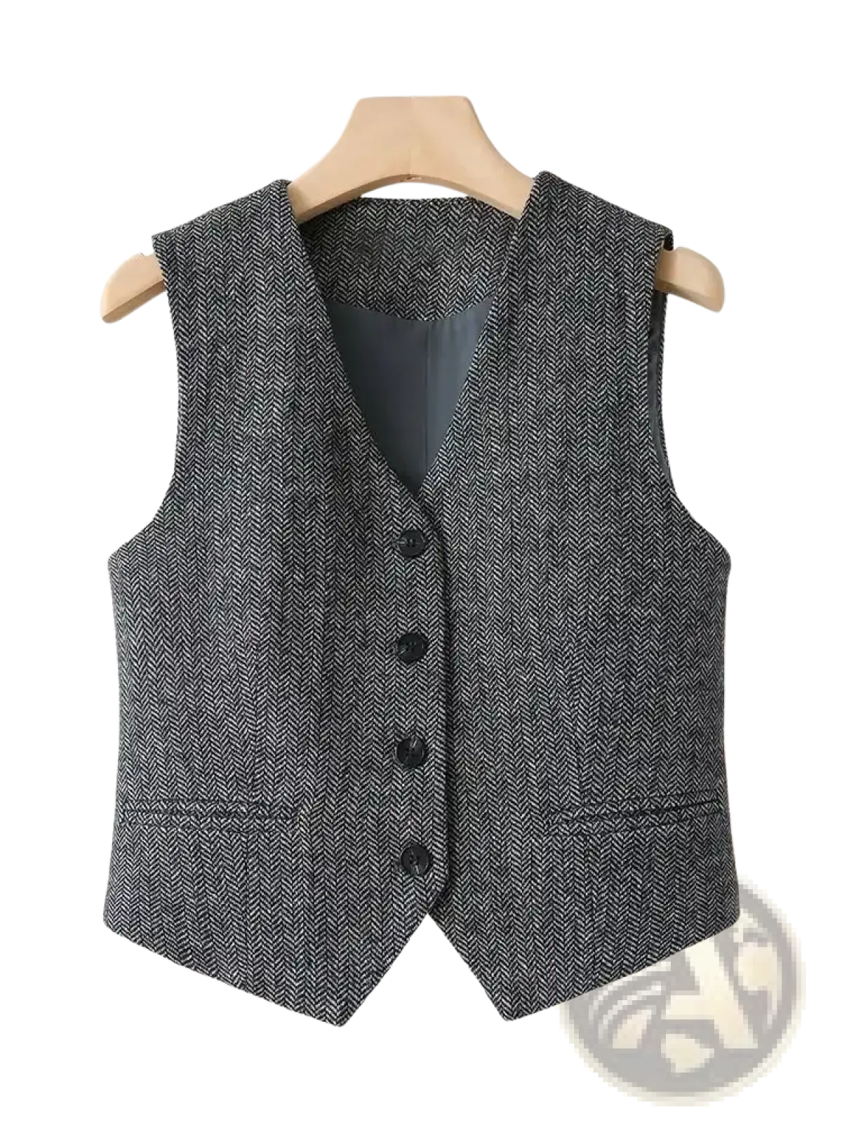 Women herringbone wool vest tailored slim fit in dark gray with black buttons and contrasting inner lining