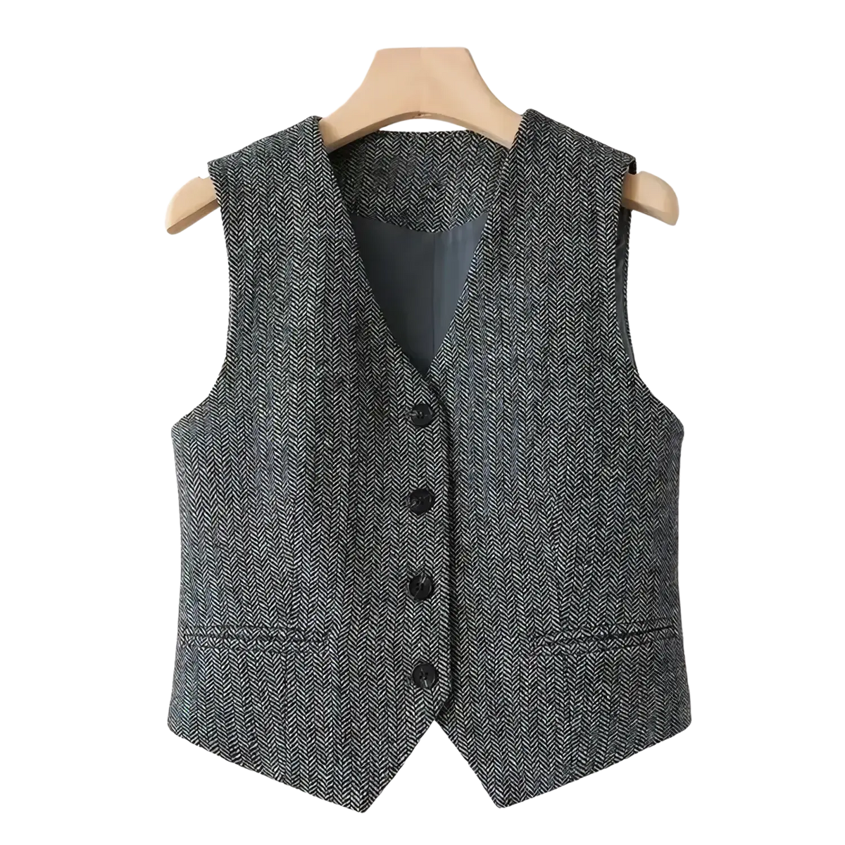 Women herringbone wool vest tailored slim fit in gray with black buttons and dark inner lining, sleeveless design