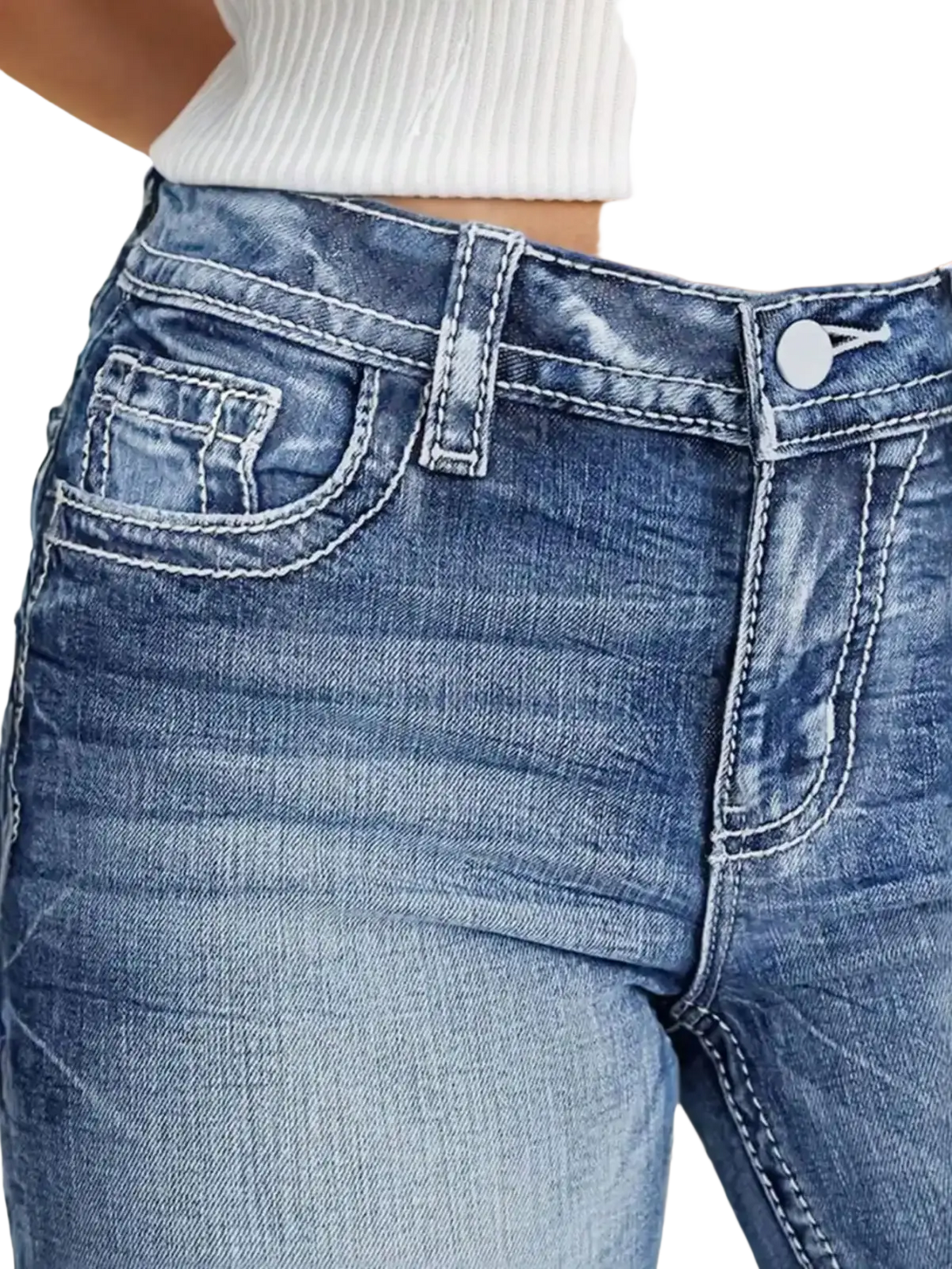 Women high rise flare jeans in blue denim with white stitching and button closure