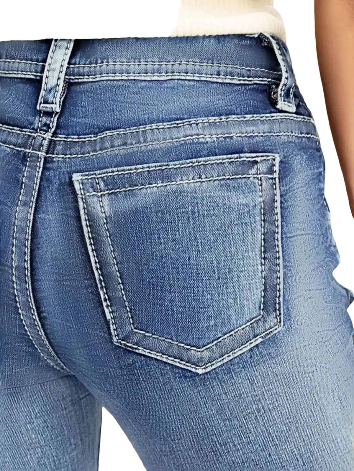Women high rise flare jeans denim pants in blue denim with faded wash and white stitching visible on front side
