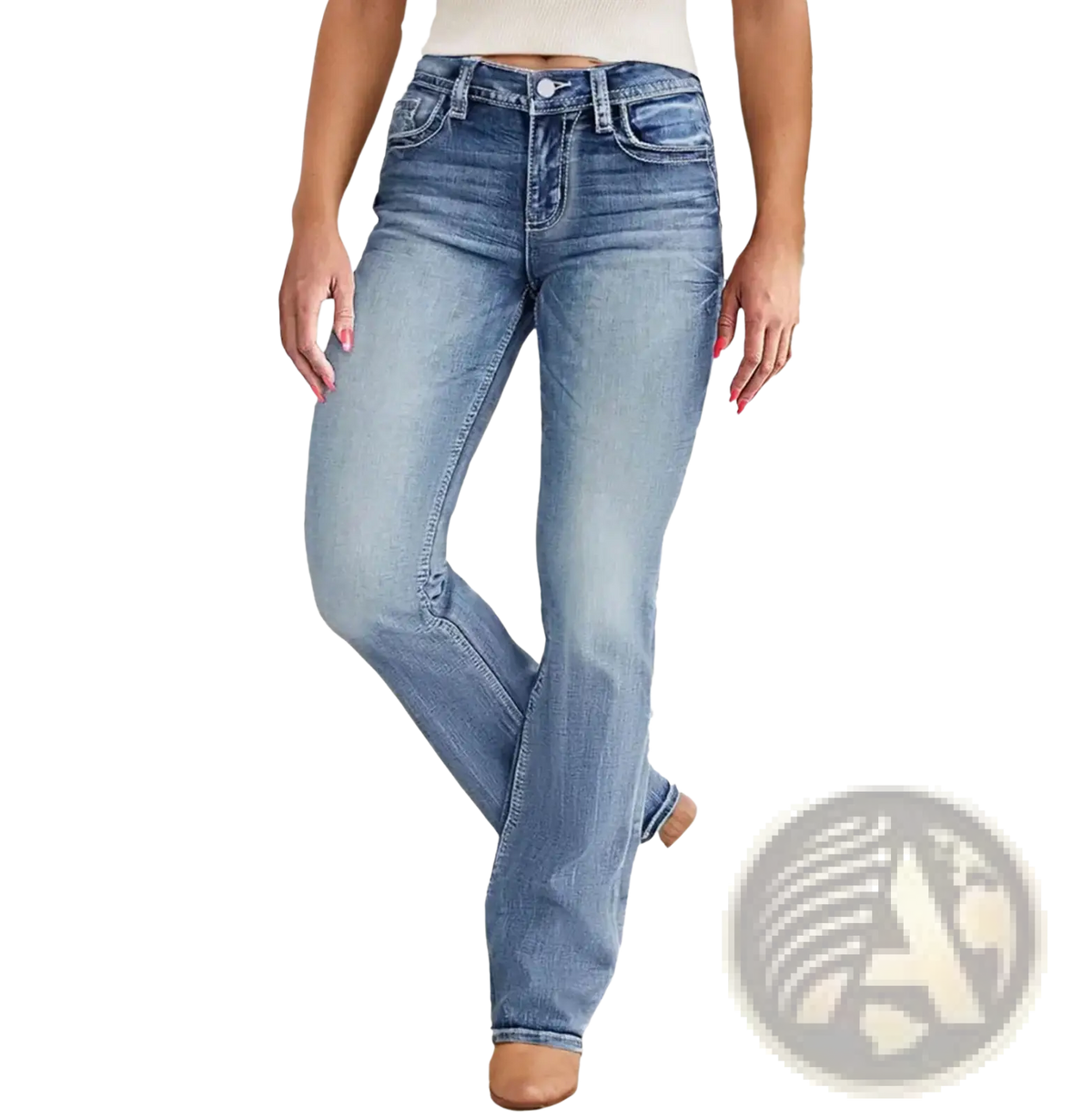 Women high rise flare jeans in blue denim showcasing a flared leg cut perfect for stylish casual wear