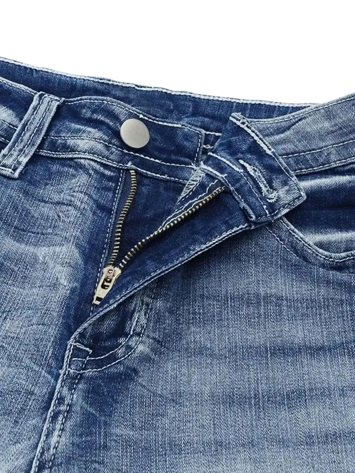 Women high rise flare jeans in blue denim with a silver zipper and button detail