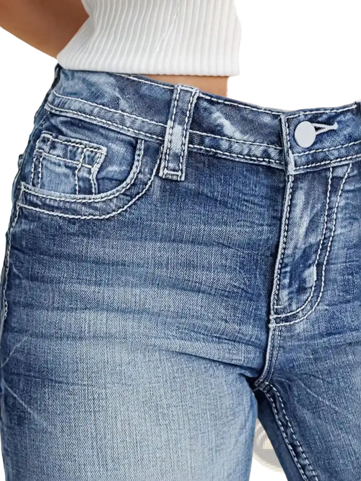 Women high rise flare jeans in blue denim with white stitching and button closure