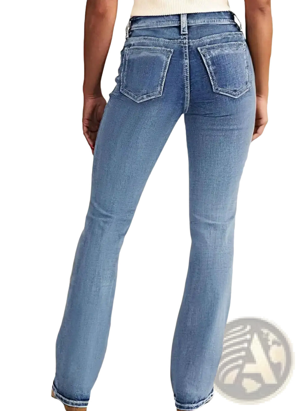 Women high rise flare jeans denim pants in light-wash blue with a high-rise fit and flared legs