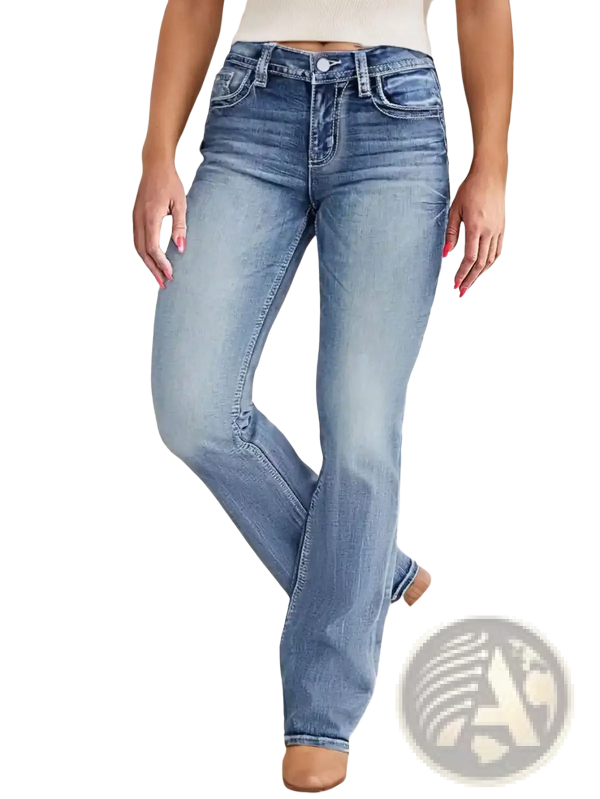 Women high rise flare jeans denim pants in light wash with classic five-pocket design and subtle fading for a worn-in look
