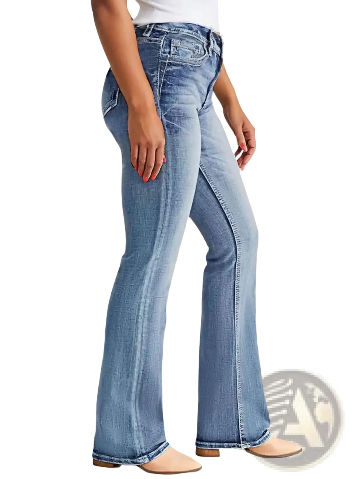 Women high rise flare jeans in light wash denim with classic five-pocket design and frayed hems