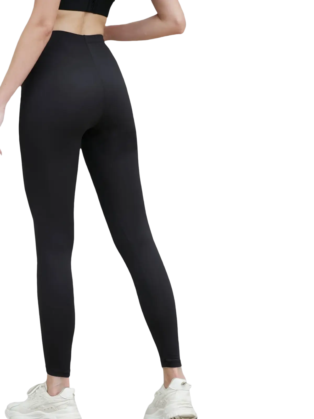 Women high stretch workout leggings in black featuring a snug form-fitting design and elastic waistband