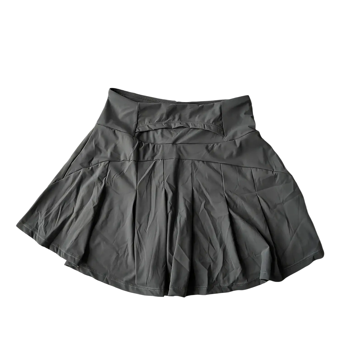 A sleek dark gray high waist pleated athletic tennis skirt with subtle stitching and quick dry fabric for women