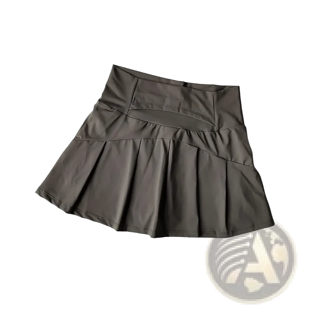 Women high waist athletic tennis skirt in dark gray with pleats and subtle stitching designed for quick dry performance
