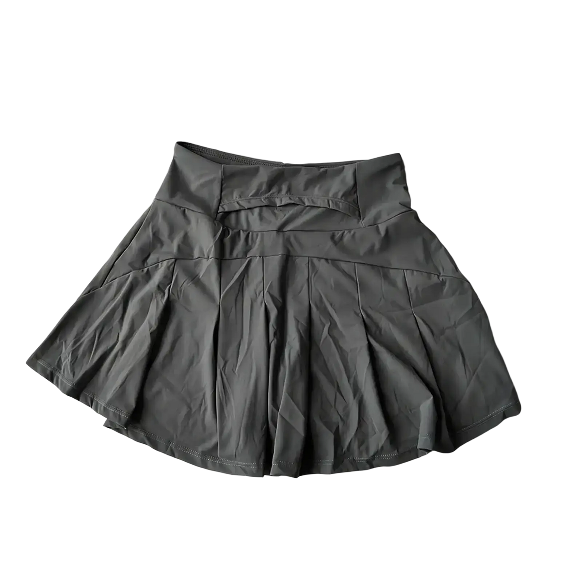 A sleek dark gray high waist quick dry tennis skirt with pleats and structured waistband for athletic use