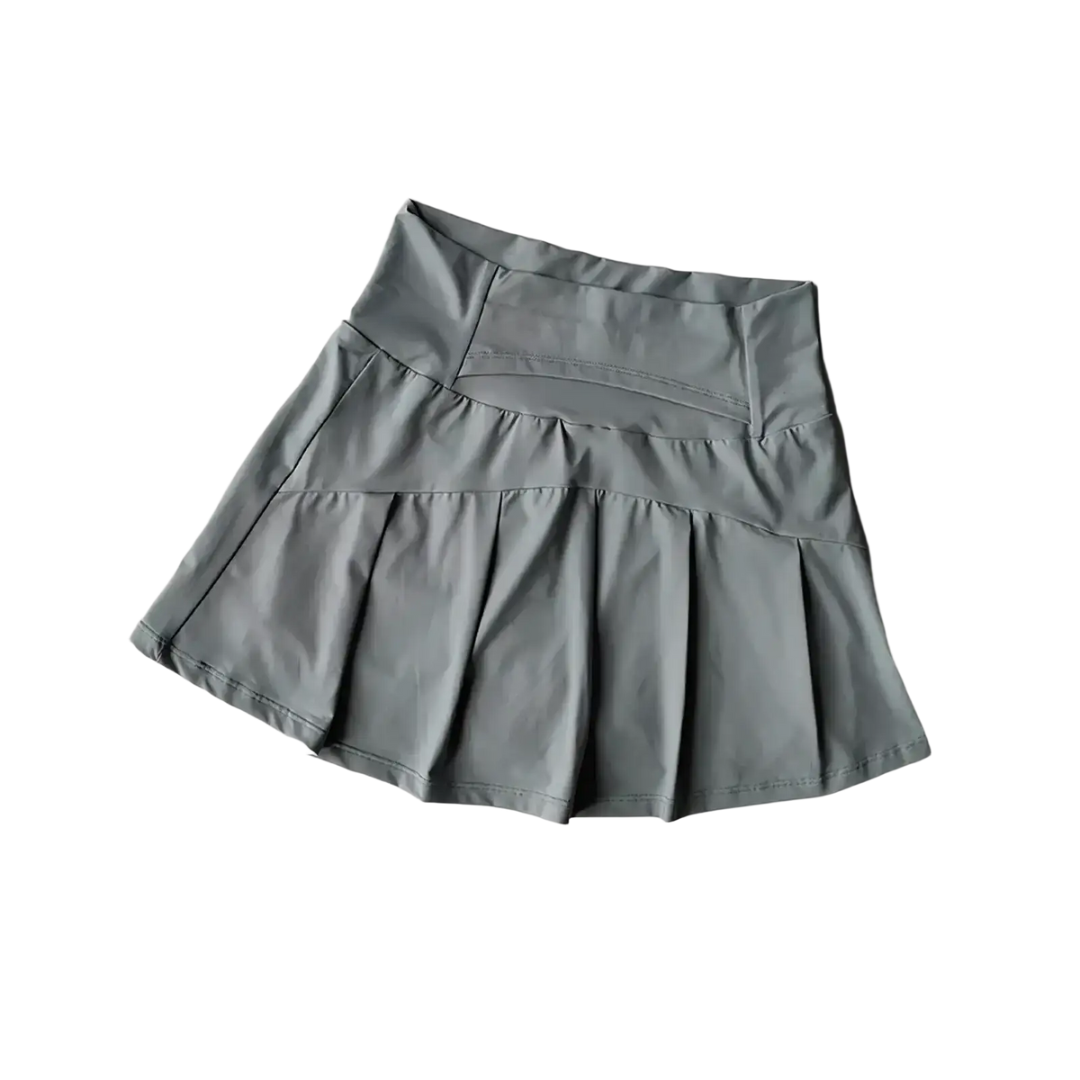 A sleek gray high waist tennis skirt with pleats and subtle stitching features quick dry fabric for athletic use