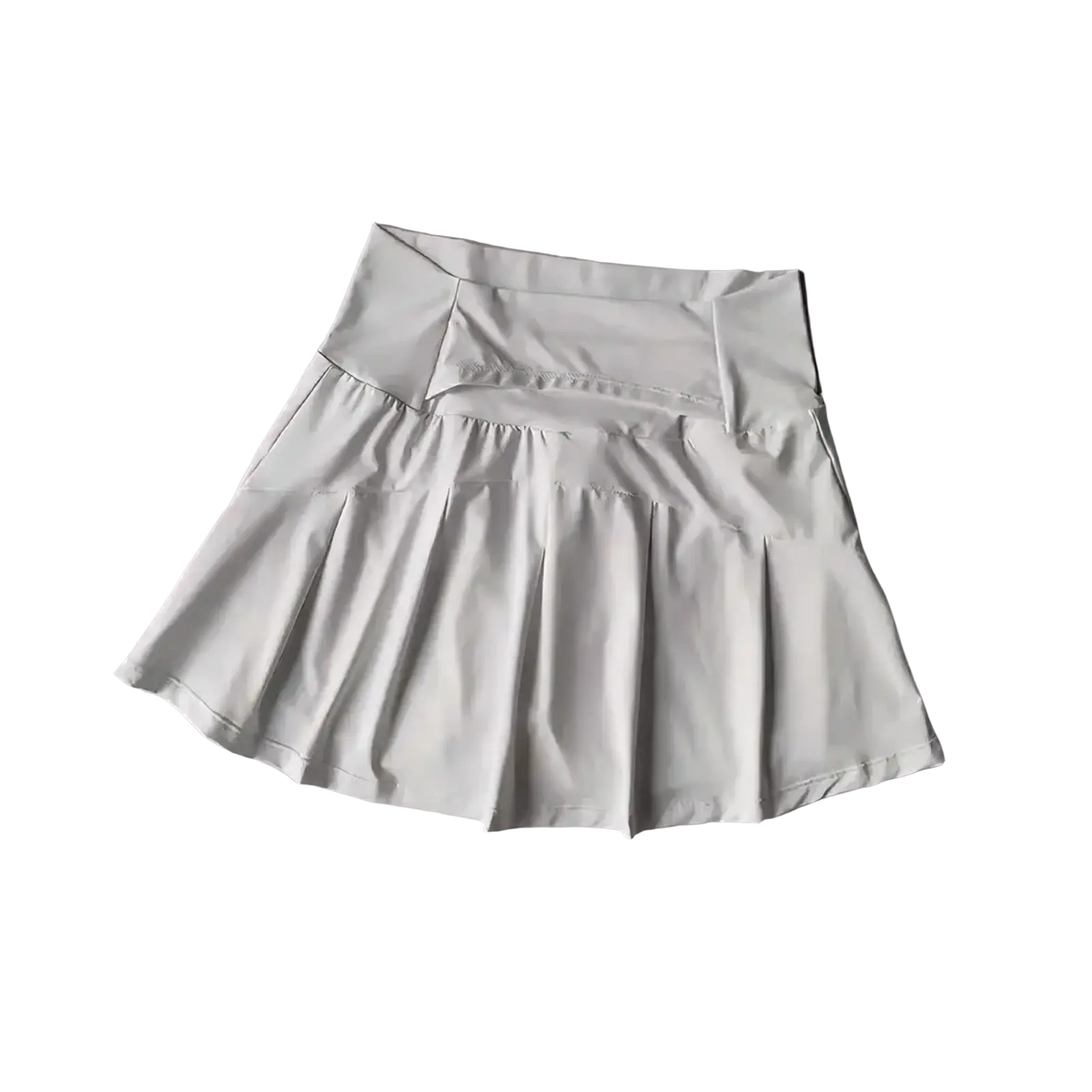 A sleek light gray high waist pleated tennis skirt with subtle stitching designed for quick dry athletic use