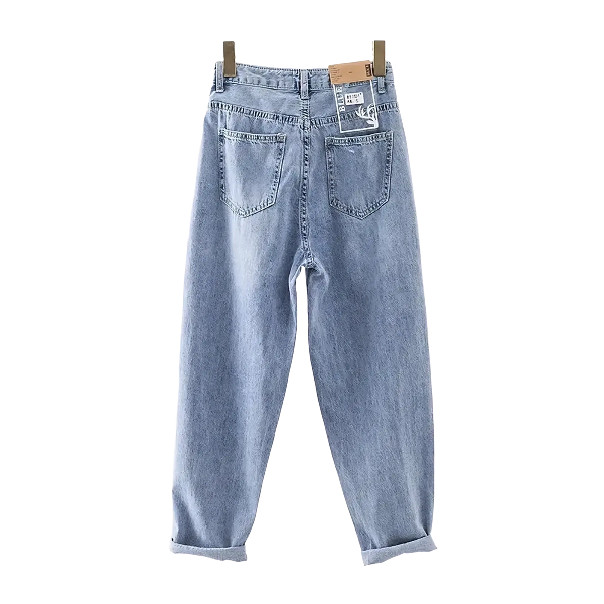 Women high waist light wash baggy denim jeans with wide-leg cut and cuffed hems in light-wash denim fabric
