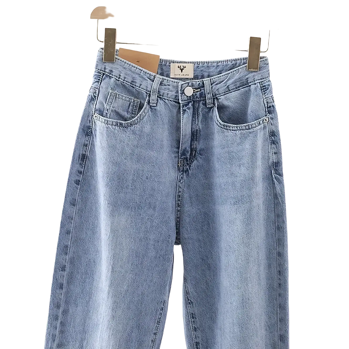 Women high waist light wash baggy denim jeans with a high-rise wide-leg cut and classic front pockets