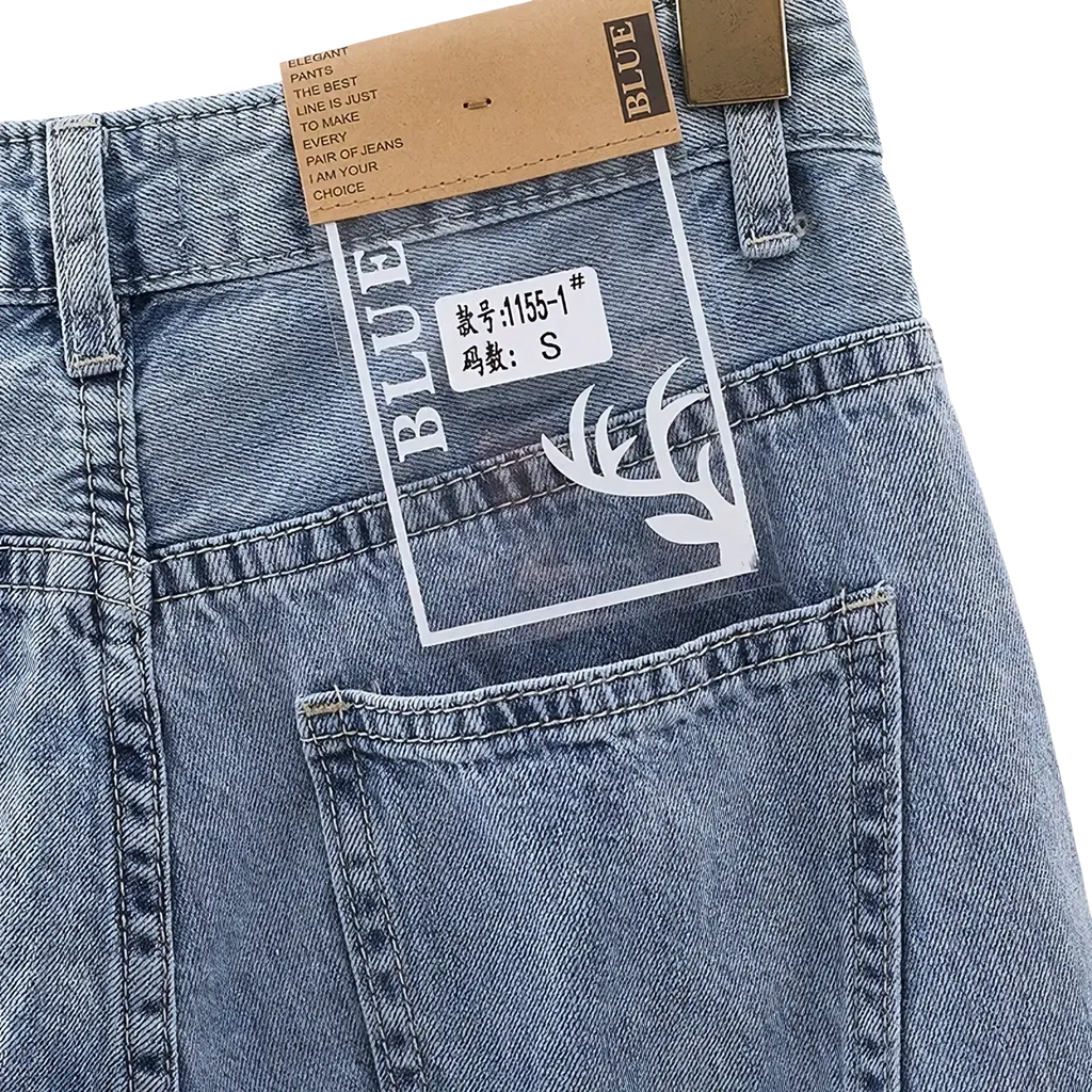 Women high waist light wash baggy denim jeans made of blue denim with visible brand tag and size label